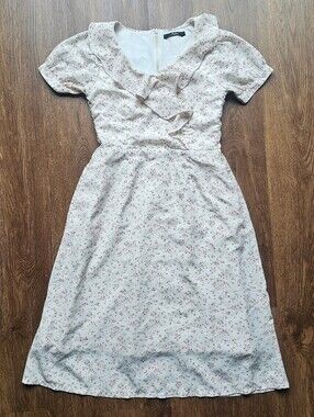 Womens S Forme Dress Floral Zip Pink White Collared Cottagecore Modest Short Sle